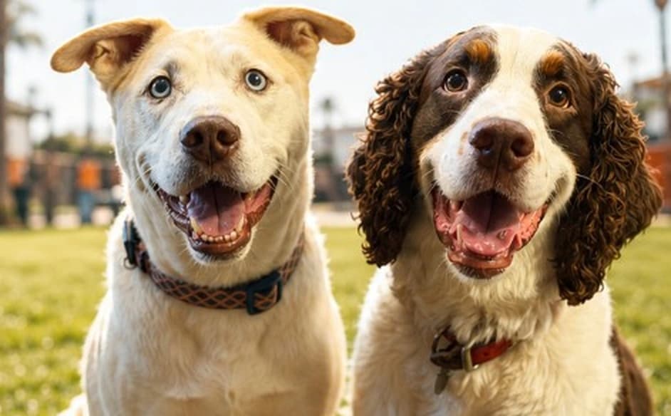Two Fitdog dogs sitting outdoors